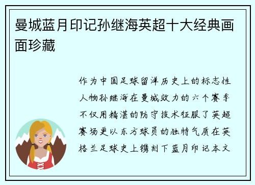 曼城蓝月印记孙继海英超十大经典画面珍藏