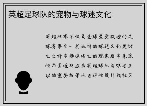 英超足球队的宠物与球迷文化