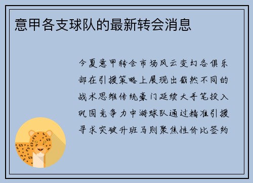 意甲各支球队的最新转会消息